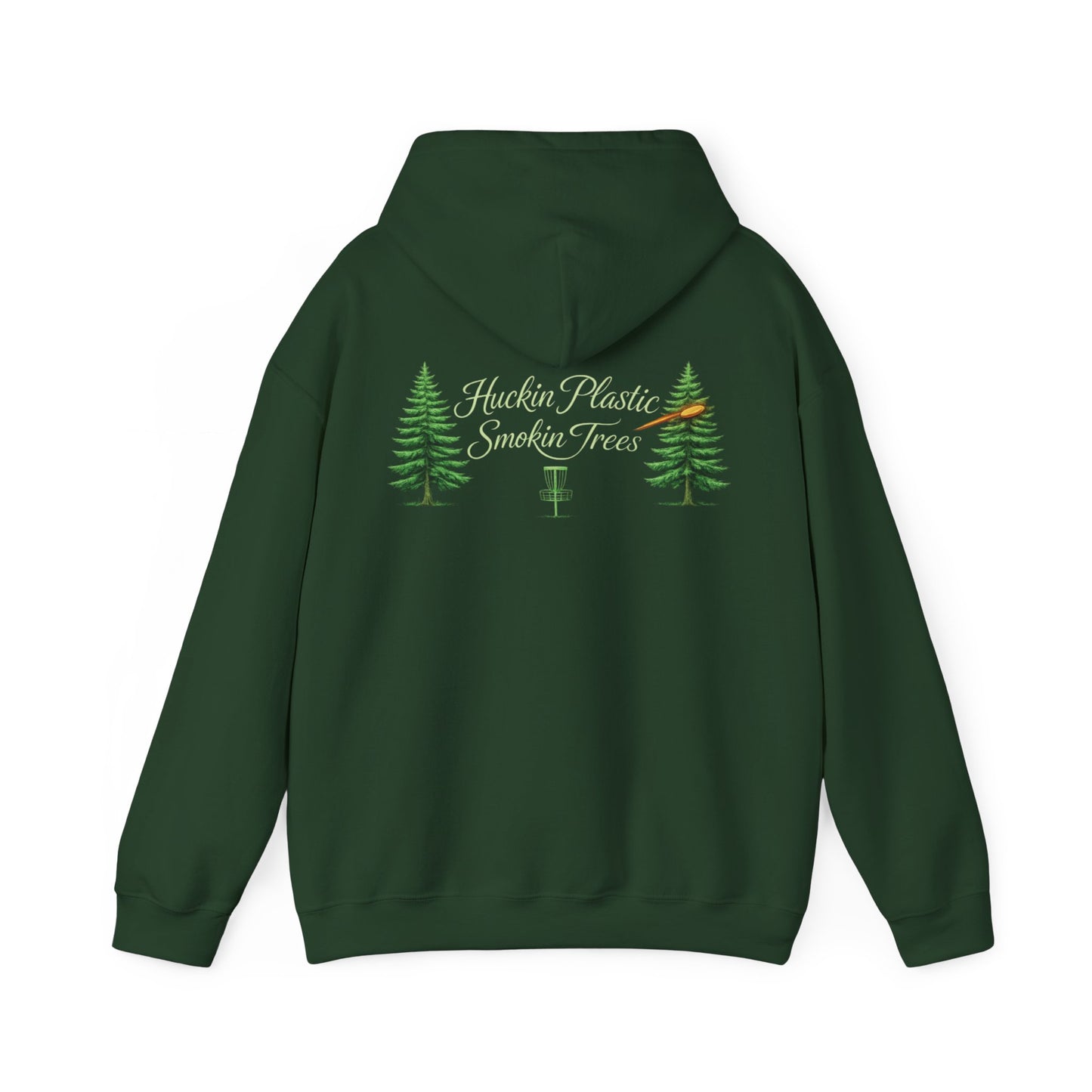 Disc Golf Hoodie – “Huckin’ Plastic Smokin’ Trees” Forest Disc Golf Pullover