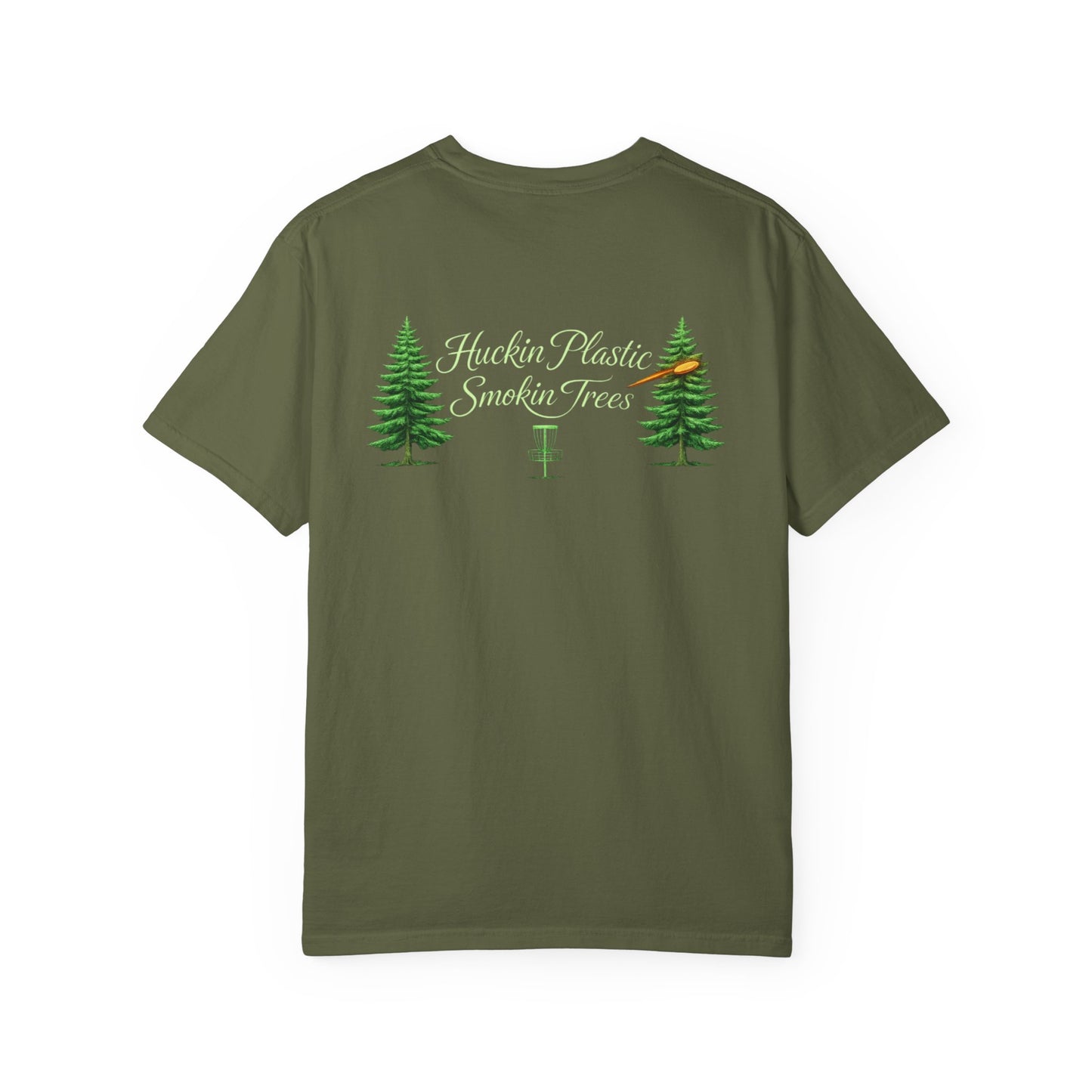 Disc Golf T-Shirt — “Huckin' Plastic Smokin' Trees” Forest Graphic